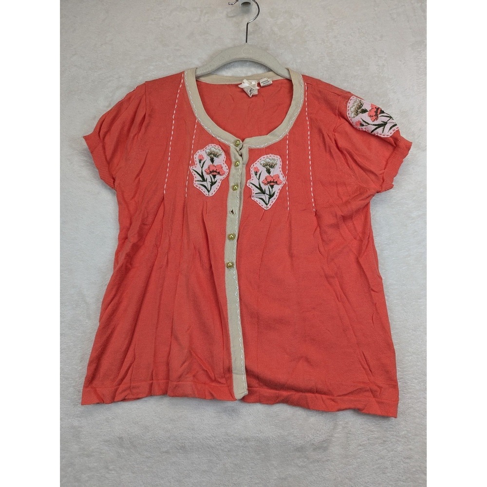 Nick & Mo Cardigan Womens M Floral Applique Embroidered Cottagecore Boho Coral